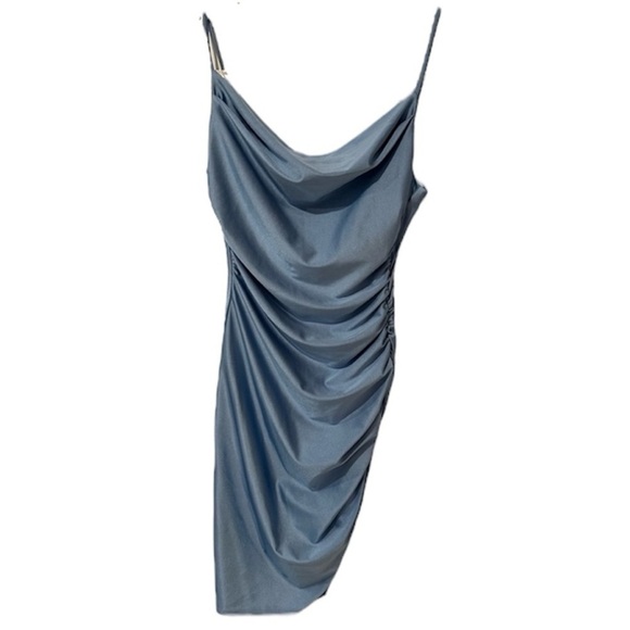 B. Darlin Mini Dress Shimmer Blue Cowl Neck Ruched - Picture 4 of 7